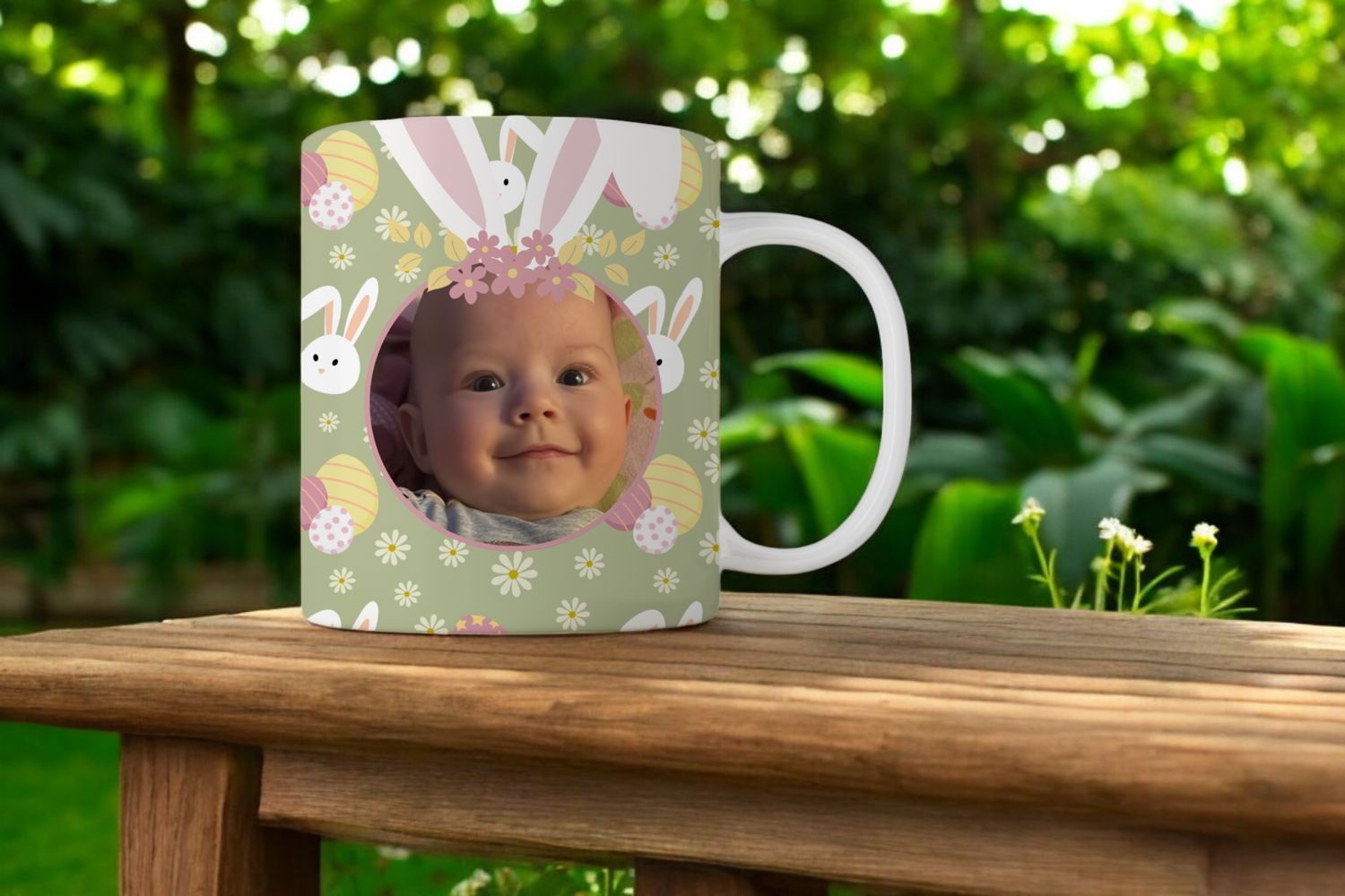 Groene Paasmok met Foto – Konijntjes &amp; Bloemenkrans – Gepersonaliseerd Cadeau