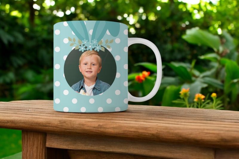 Stijlvolle Blauwe Paasmok met Foto – Witte Stippen &amp; Konijnenoren – Gepersonaliseerd