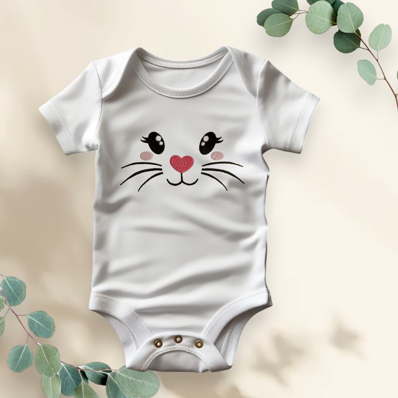 Witte babyromper met schattig konijnengezicht, hartvormig neusje en speelse wimpers – perfect voor Pasen en een uniek babycadeau.