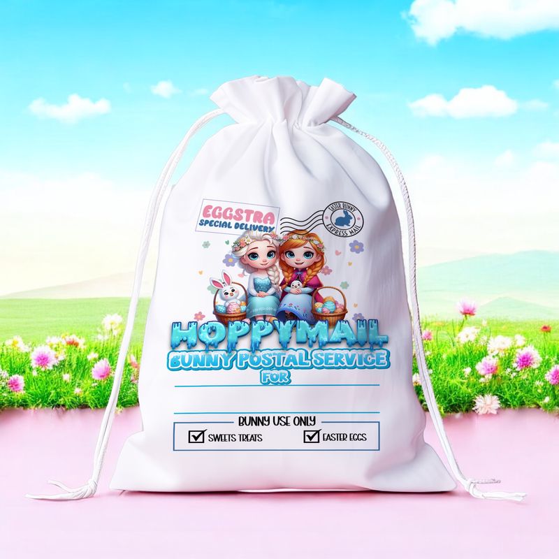 Witte gepersonaliseerde paaszak van Frozen, paashaasjes en de tekst ‘Hoppy Mail Bunny Postal Service’. Ideaal voor kinderen die van prinsessen houden.
