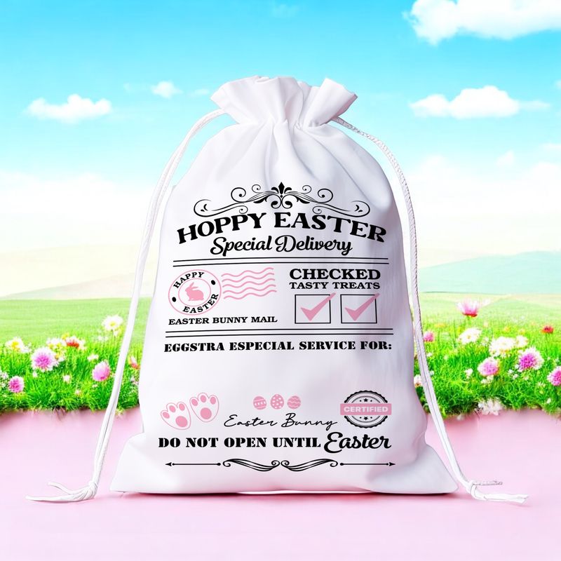 Witte gepersonaliseerde paaszak met vintage Paas Bunny Mail-stempel, konijnenpootafdrukken en de tekst ‘Hoppy Easter Special Delivery’ in zwart-wit design.