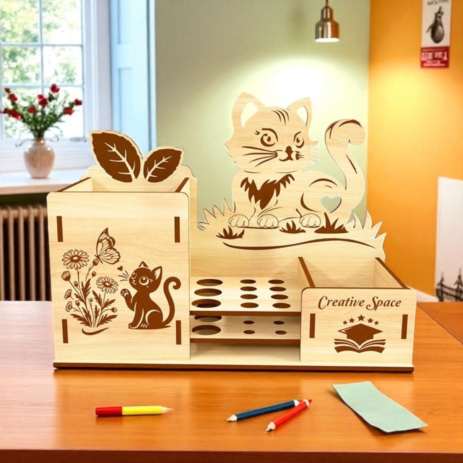 Houten bureau-organizer met kattendesign – voor pennen, potloden en accessoires
