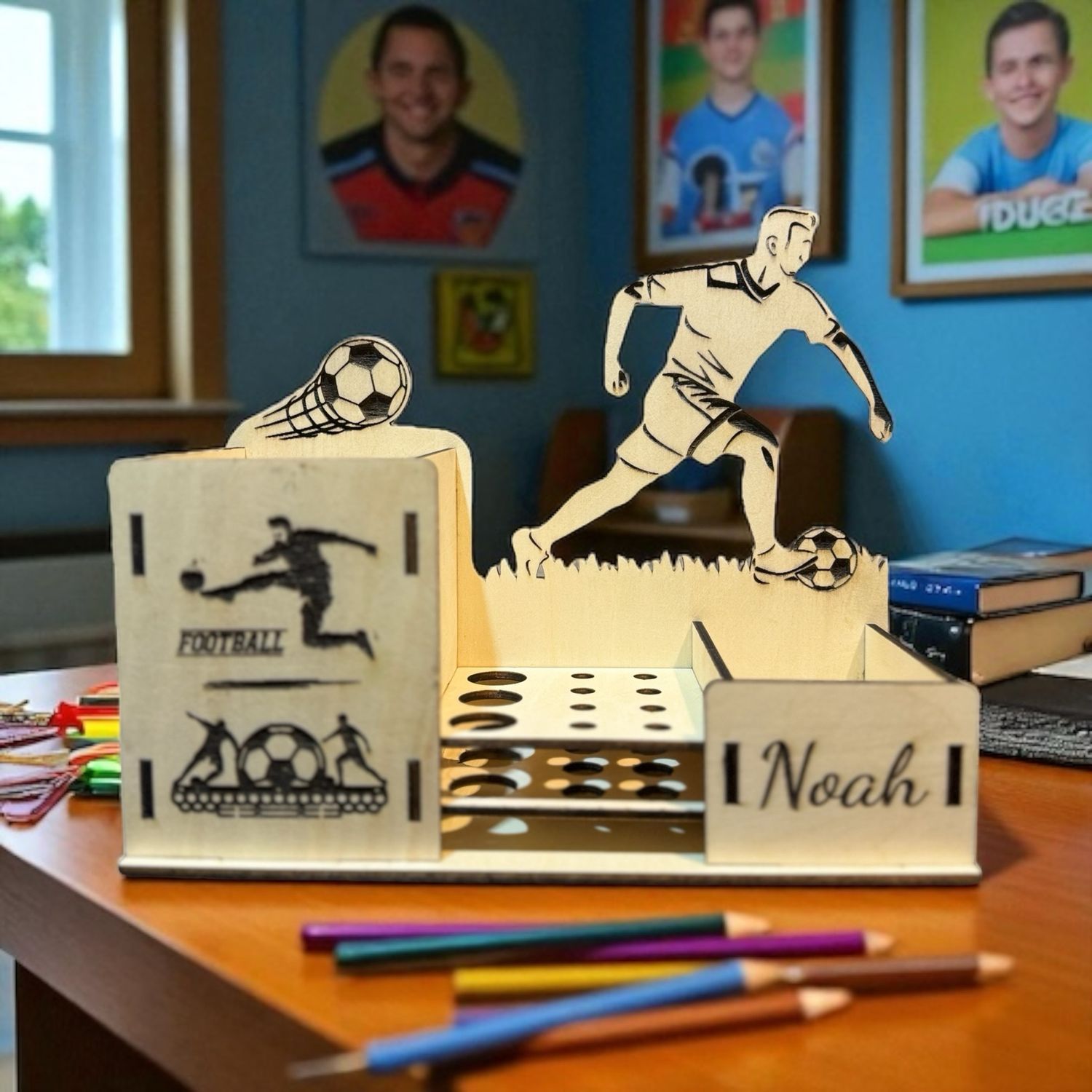 Houten Bureau Organizer Voetbal – Gepersonaliseerd met Naam