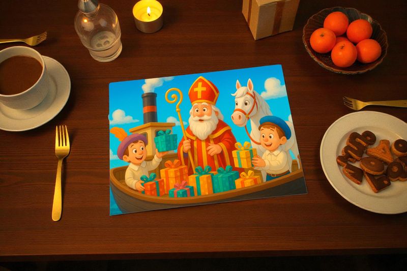 Sinterklaas Placemat voor Kinderen – Stoomboot Illustratie – Feestdagen Tafeldecoratie – Pieten &amp; Paarden Design – Perfect voor Pakjesavond