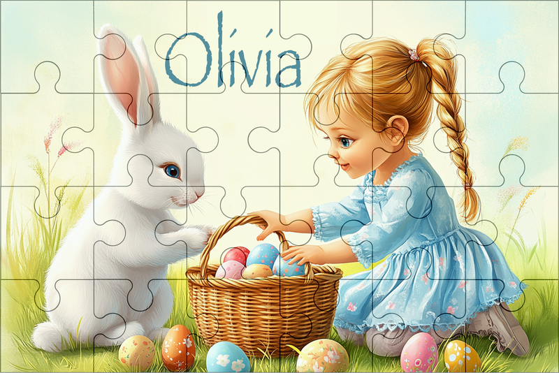  Puzzel met een meisje in blauwe jurk, een wit konijntje en een mand vol paaseieren, gepersonaliseerd met naam