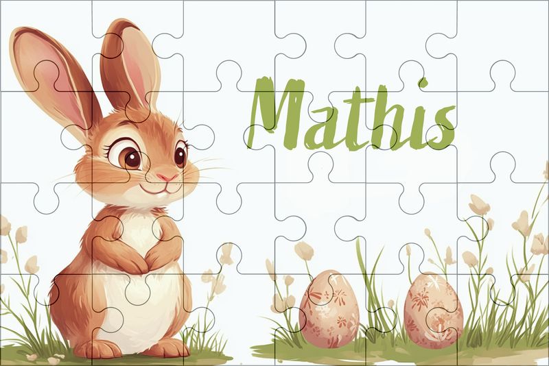  Puzzel met een vrolijk bruin konijntje, paaseieren en naam in een lenteachtige setting.
