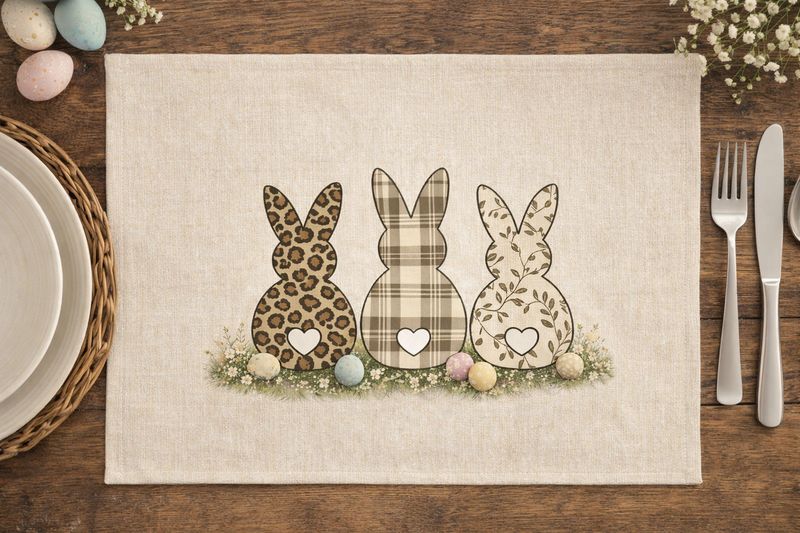 Vintage paastafelloper in beige met drie konijntjes en subtiele paasdecoratie op houten tafel
