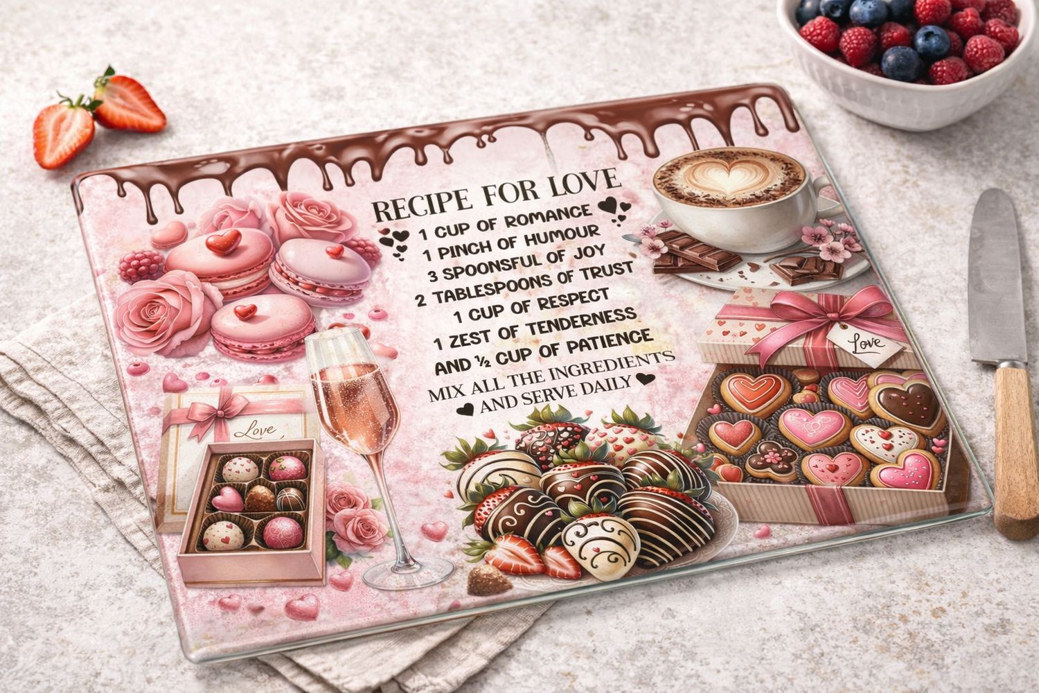 Glazen snijplank 28x20 cm met Recipe for Love design in roze en chocolade thema