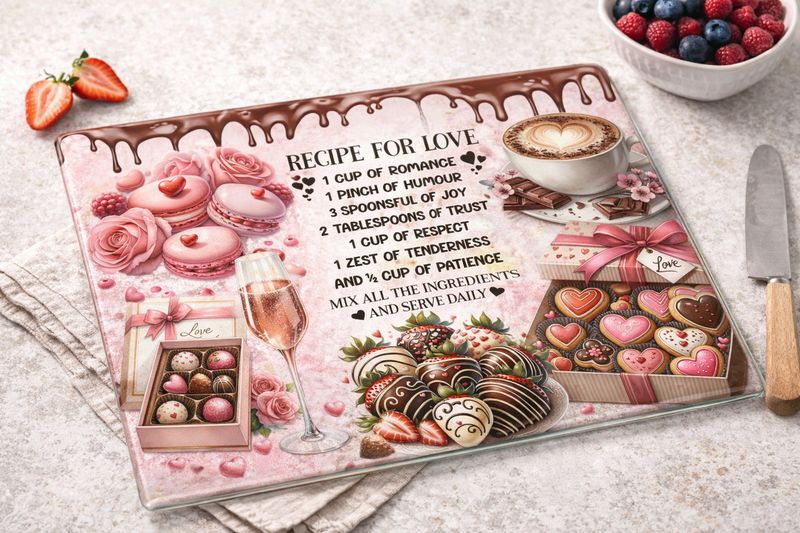 Glazen Snijplank Recipe for Love – Valentijn Cadeau Glazen snijplank 28x20 cm met Recipe for Love design in roze en chocolade thema