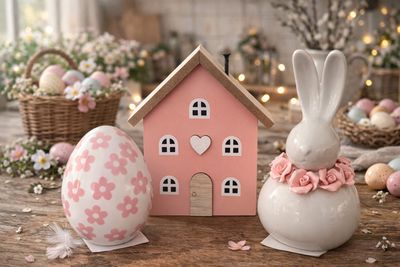 Paasdecoratie set met konijntjes en bloemen-ei