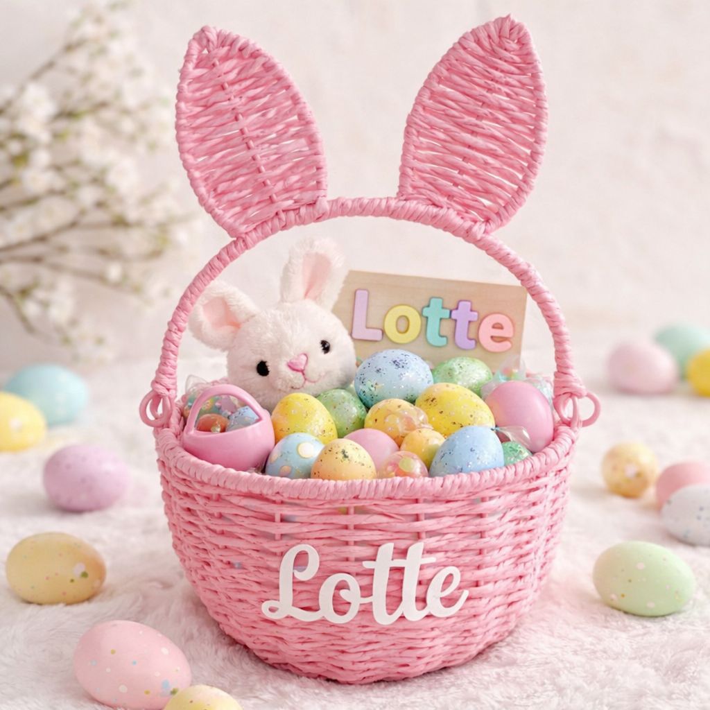 Gepersonaliseerd Paasmandje met naam – Konijnenmandje in pastel