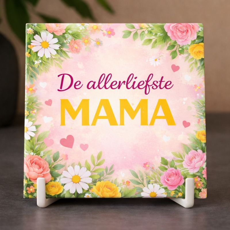 💐 Tegeltje "De allerliefste mama" Keramisch tegeltje met bloemenrand en tekst De allerliefste mama in roze en gele kleuren op een houdertje