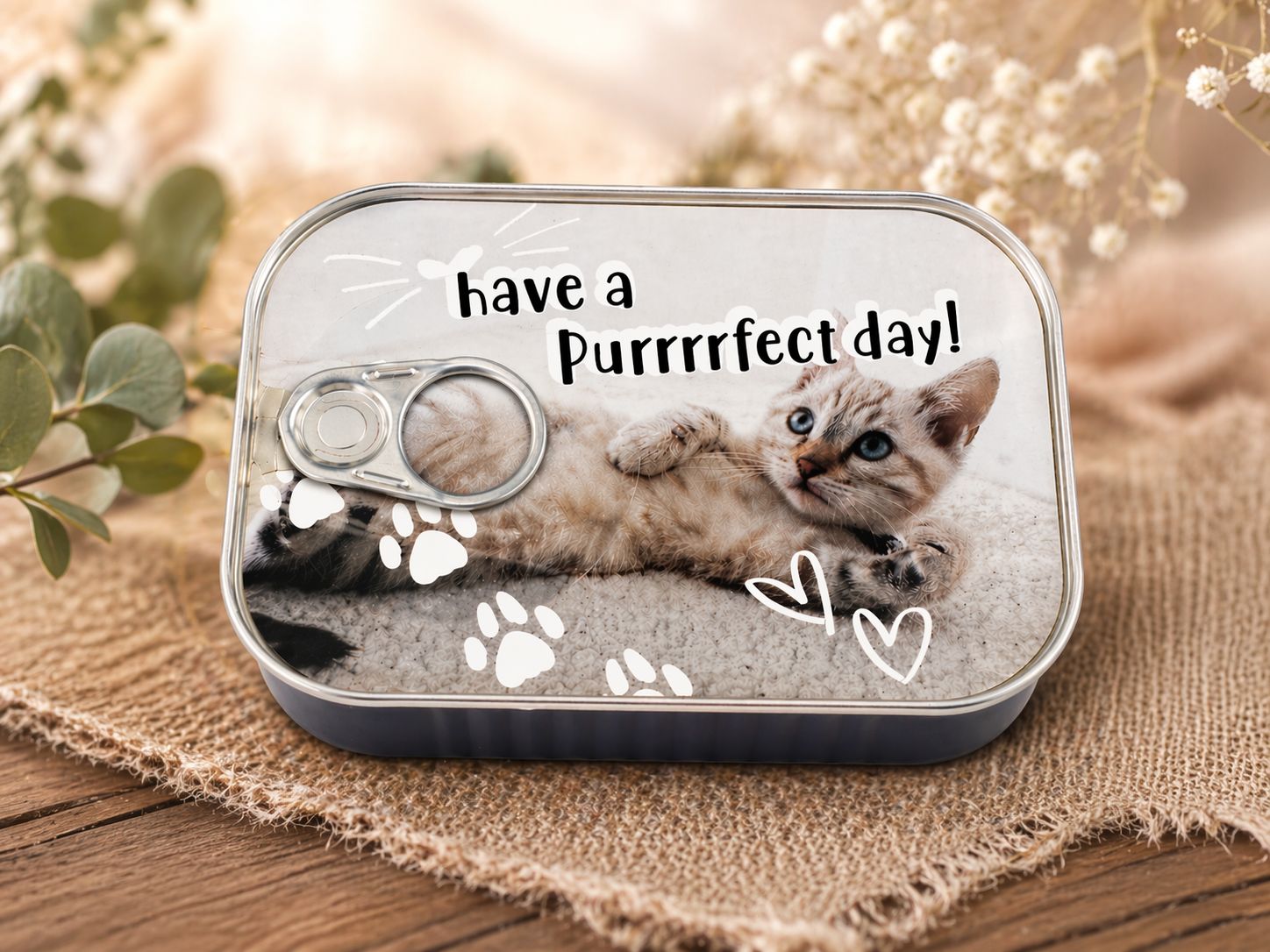 Metalen blikje cadeau met treklip en katten design