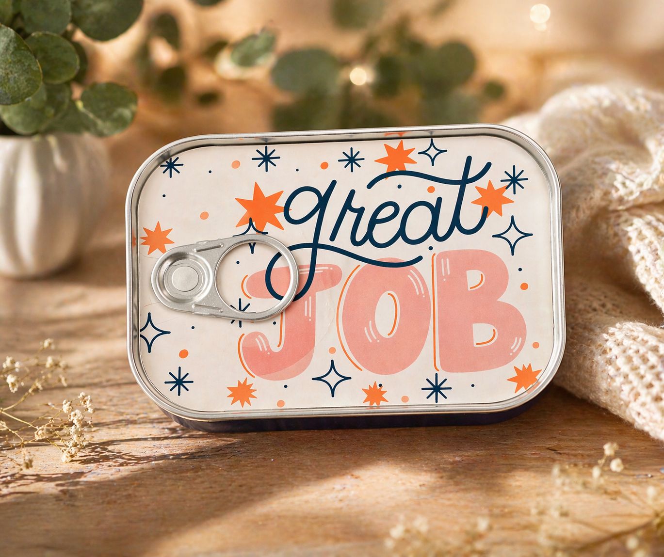 Gepersonaliseerd sardineblik cadeautje met “Great Job” tekst en speelse sterretjes op houten achtergrond