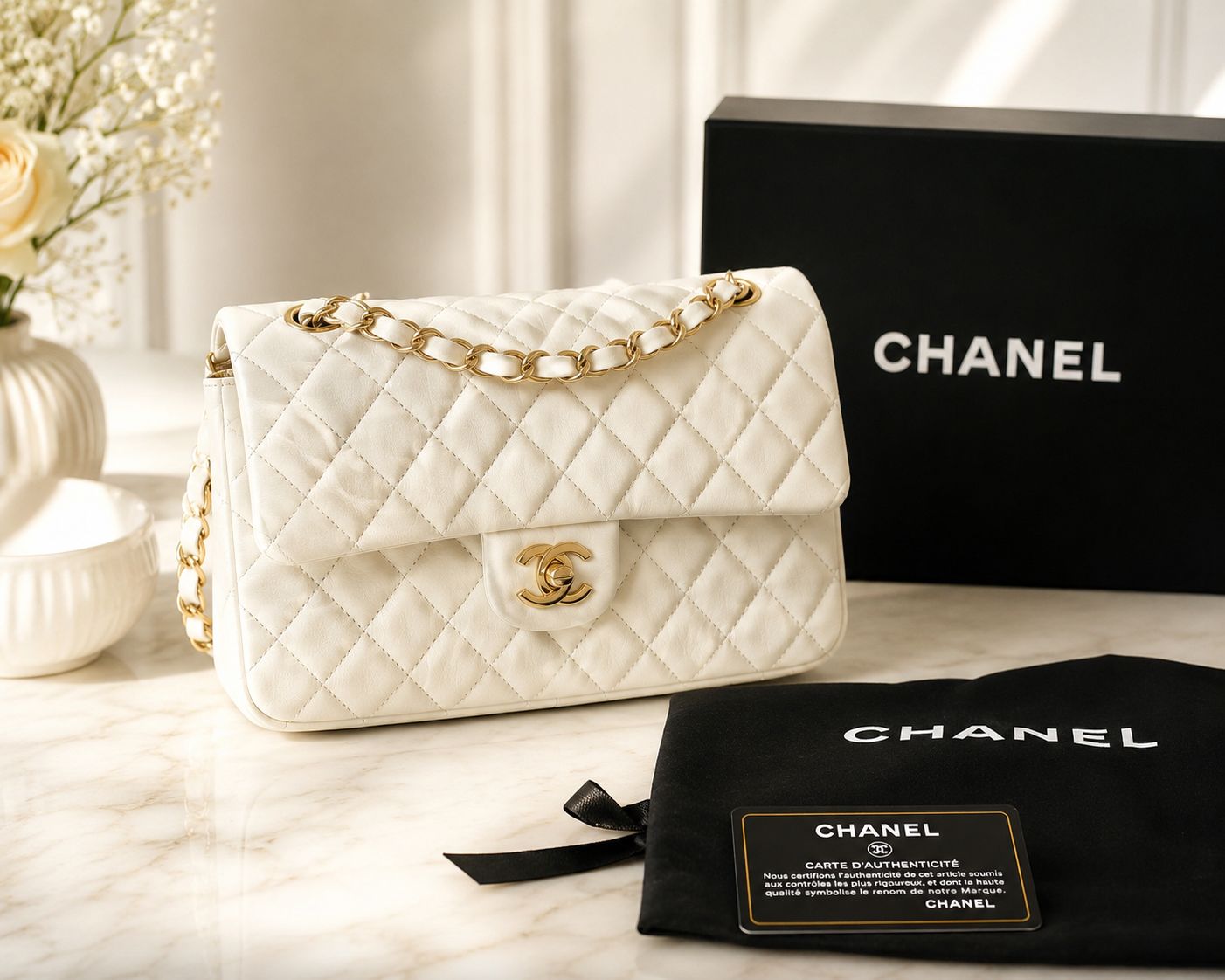Cream Classic Chanel Shoulder Bag Large