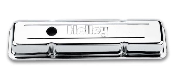 HOLLEYSBC Chrome Valve Covers w/Holley Logo - Short