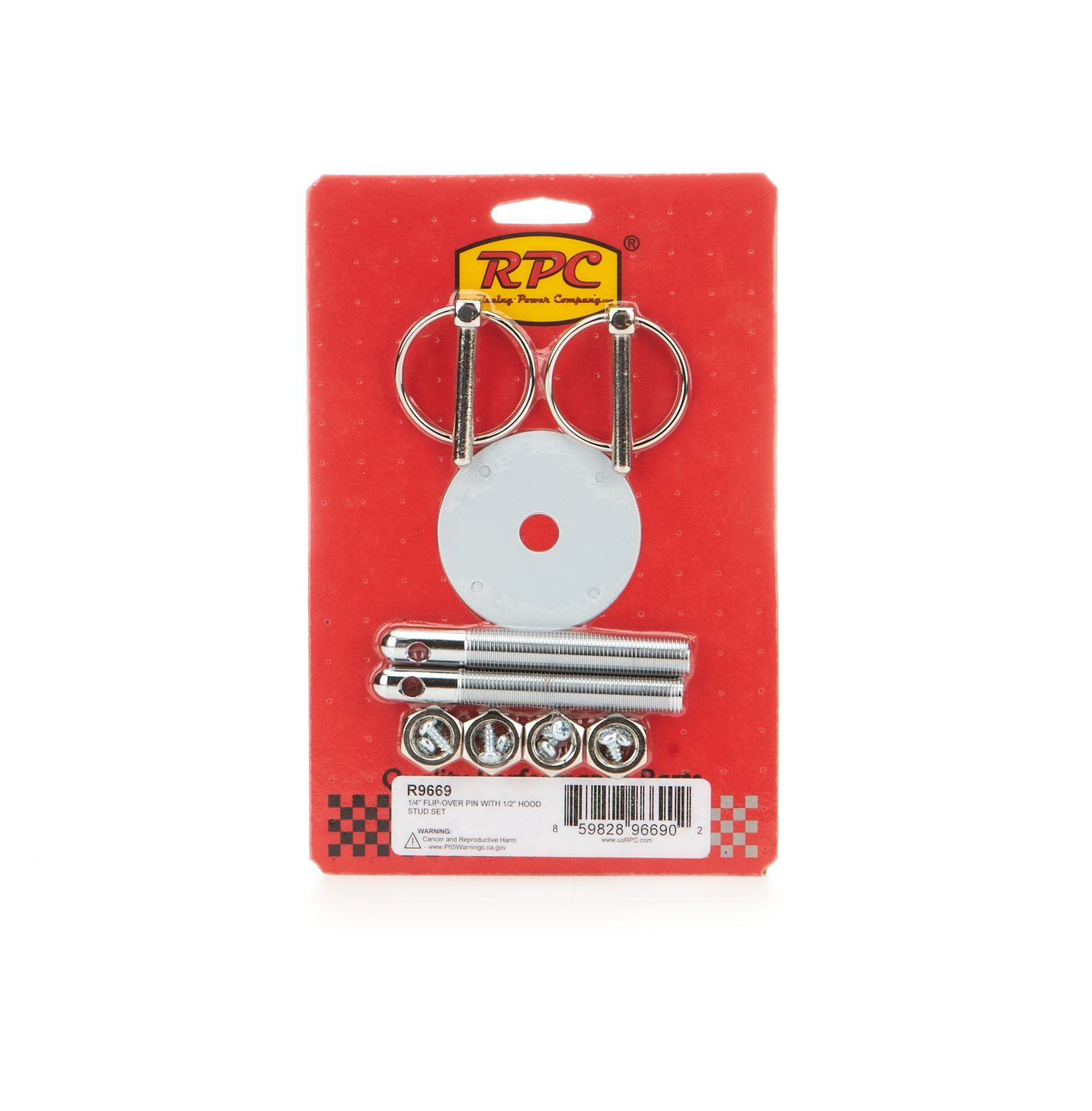 RACING POWER CO-PACKAGED1/4in Flip-Over Pin With 1/2in Hood Stud Set