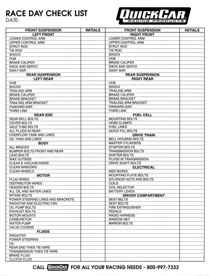 QUICKCAR RACING PRODUCTSRace Day Check-List