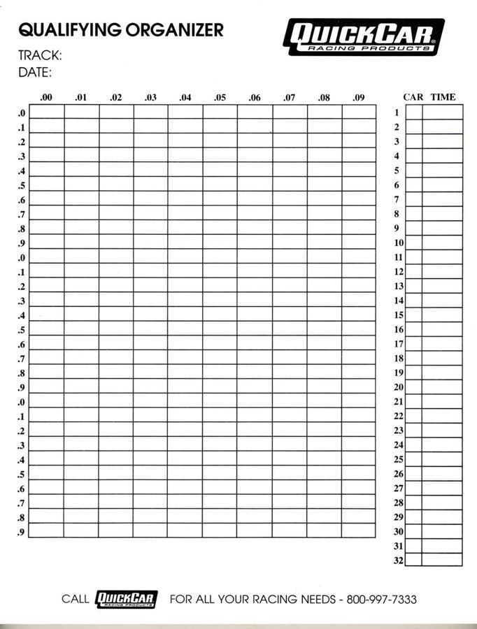 QUICKCAR RACING PRODUCTSQualifying Organizer Sheets (50pk)