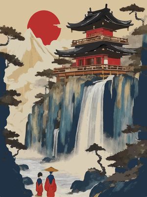 Plakat Świątynia nad wodospadem