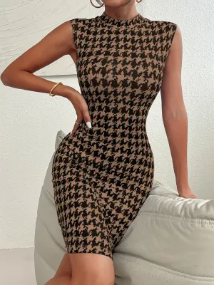 Zayra Rose Elegant Houndstooth Print Mock Neck Bodycon Dress, Sleeveless Spring &amp; Summer Women&#39;s Clothing