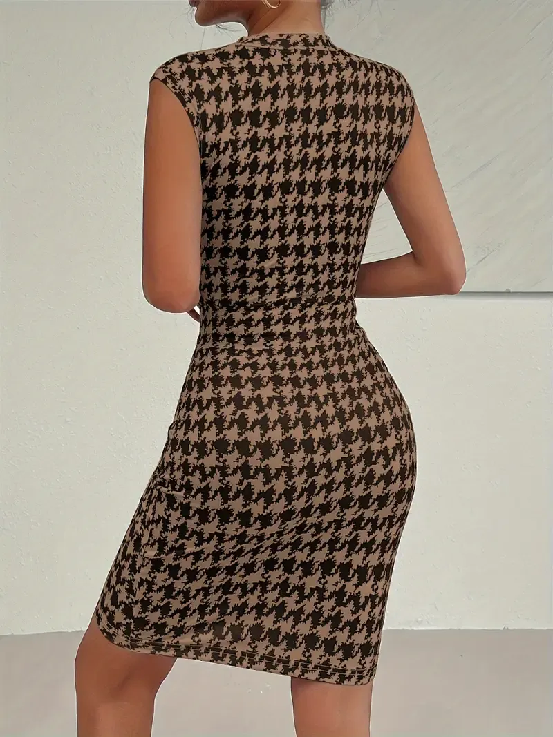 Zayra Rose Elegant Houndstooth Print Mock Neck Bodycon Dress, Sleeveless Spring &amp; Summer Women&#39;s Clothing