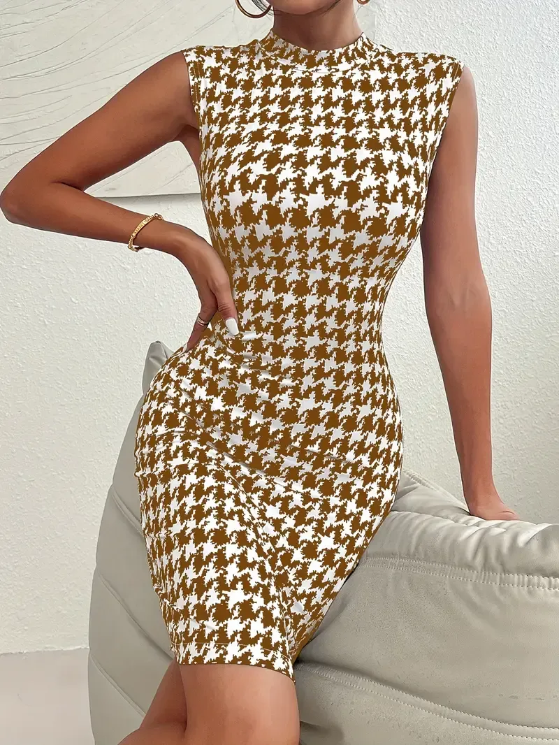 Zayra Rose Elegant Houndstooth Print Mock Neck Bodycon Dress, Sleeveless Spring &amp; Summer Women&#39;s Clothing Khaki