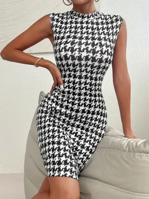Zayra Rose Elegant Houndstooth Print Mock Neck Bodycon Dress, Sleeveless Spring &amp; Summer Women&#39;s Clothing BLACK