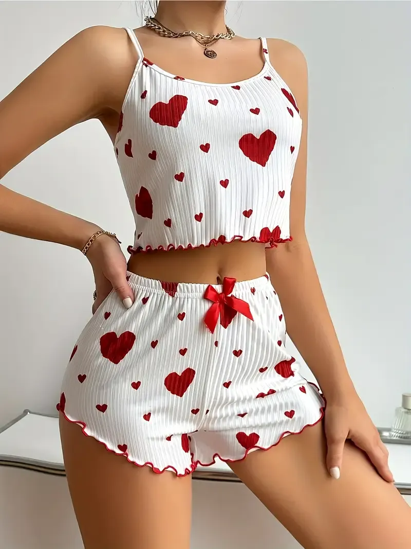 Zayra Rose Women&#39;s Heart Print Pajama Set for Valentine&#39;s Day - Comfortable Nightwear Womenswear - Top, Round Neck Fabric Loungewear