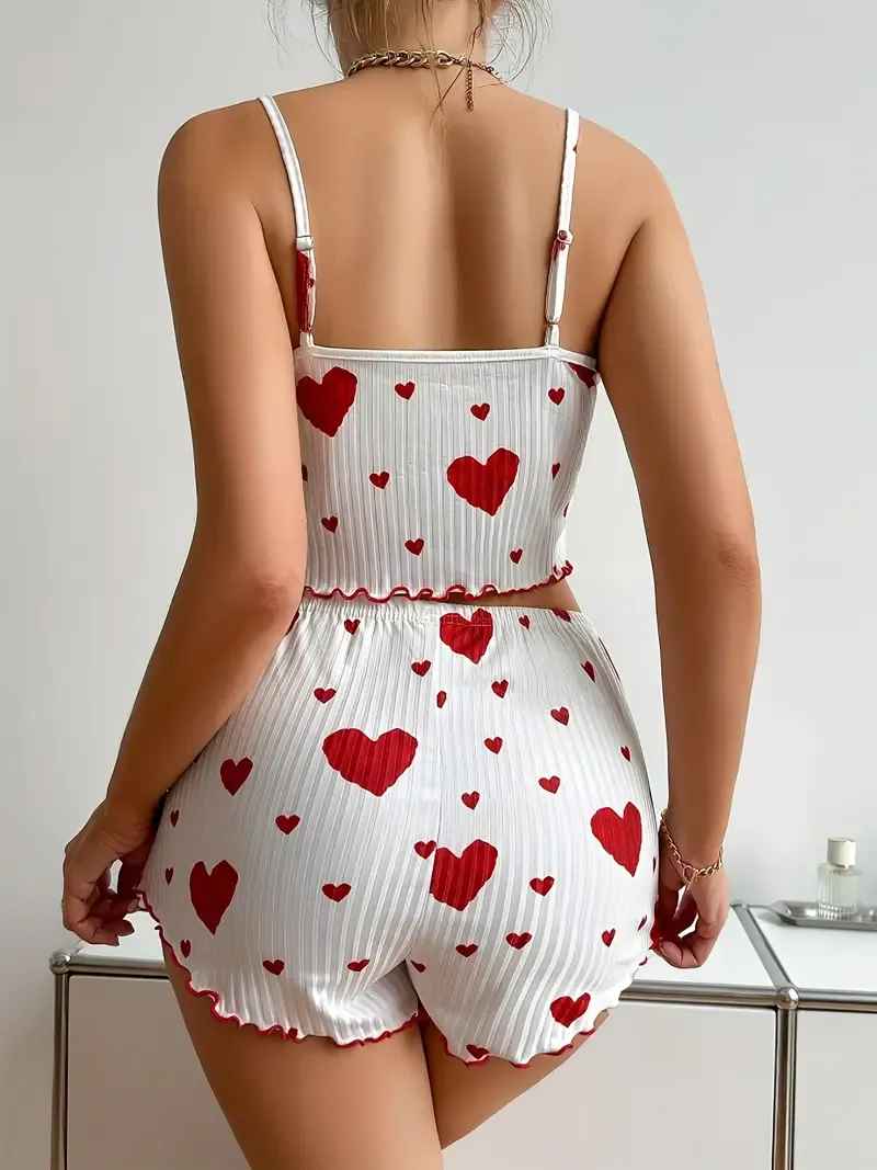 Zayra Rose Women&#39;s Heart Print Pajama Set for Valentine&#39;s Day - Comfortable Nightwear Womenswear - Top, Round Neck Fabric Loungewear
