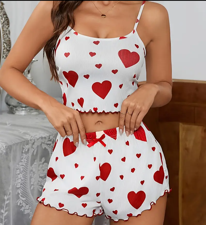 Zayra Rose Women&#39;s Heart Print Pajama Set for Valentine&#39;s Day - Comfortable Nightwear Womenswear - Top, Round Neck Fabric Loungewear