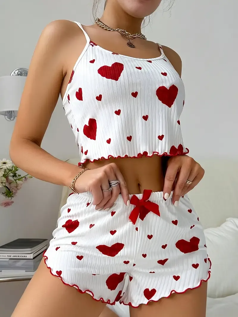 Zayra Rose Women&#39;s Heart Print Pajama Set for Valentine&#39;s Day - Comfortable Nightwear Womenswear - Top, Round Neck Fabric Loungewear