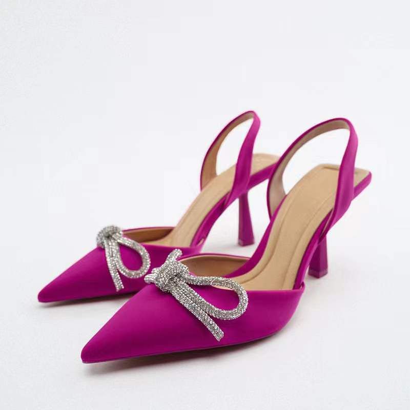 Summer New Women&amp;#039;s Shoes Blue Rhinestone Bow High Heel Fine Heel Baotou Sandals Women&amp;#039;s Large Size