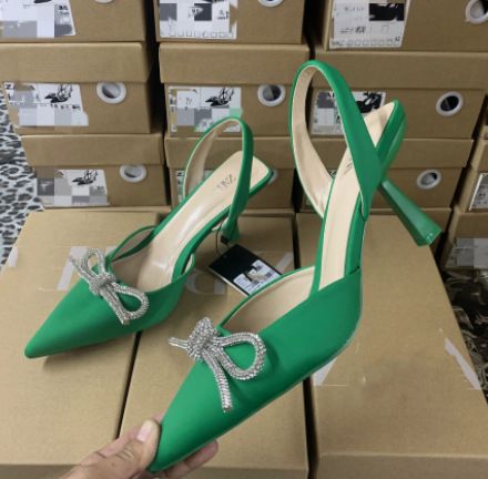 Summer New Women&amp;#039;s Shoes Blue Rhinestone Bow High Heel Fine Heel Baotou Sandals Women&amp;#039;s Large Size, Size: 35, Color: Green