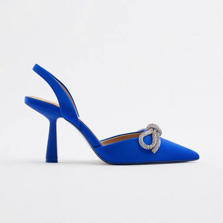 Summer New Women&amp;#039;s Shoes Blue Rhinestone Bow High Heel Fine Heel Baotou Sandals Women&amp;#039;s Large Size