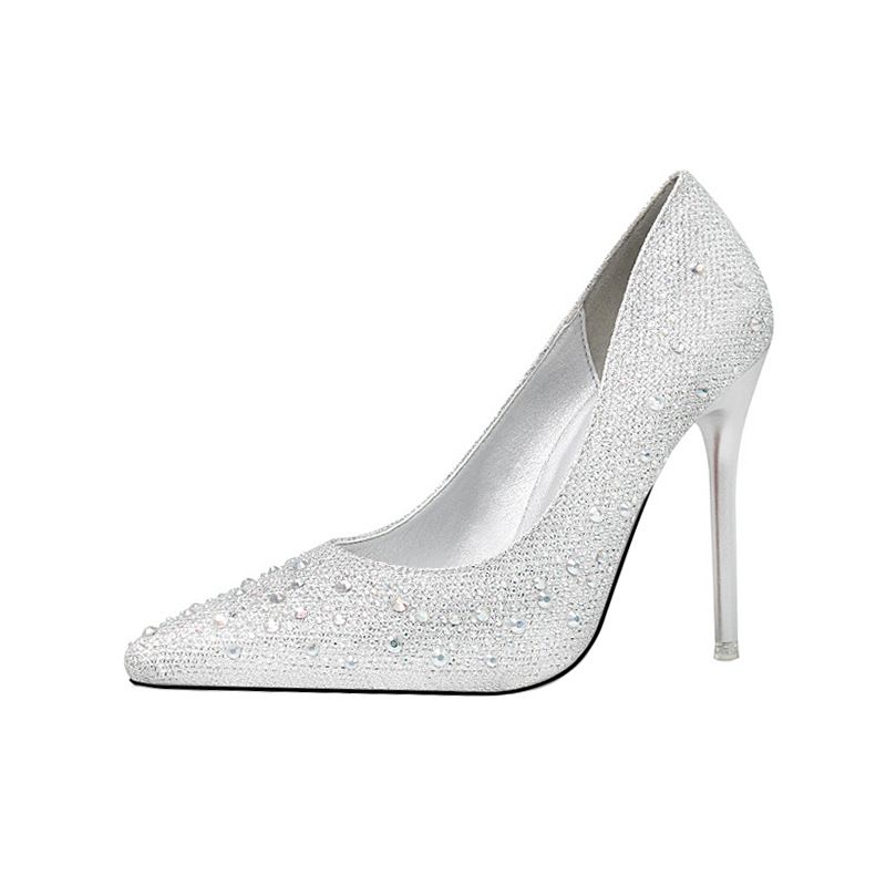 Zayra Rose  Korean Fashion Sweet And Elegant Thin Heel High Heel Shallow Mouth Thin Pointed Colored Diamond Rhinestone Wedding Shoes