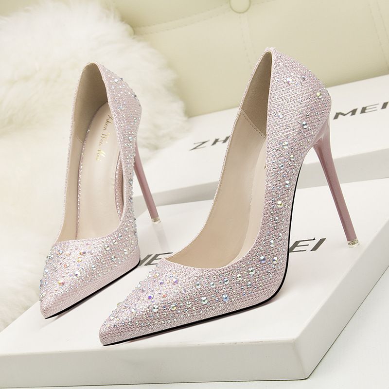 Zayra Rose  Korean Fashion Sweet And Elegant Thin Heel High Heel Shallow Mouth Thin Pointed Colored Diamond Rhinestone Wedding Shoes
