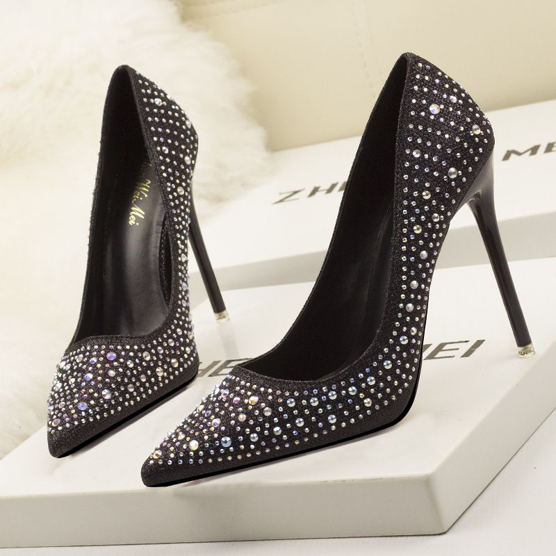 Zayra Rose  Korean Fashion Sweet And Elegant Thin Heel High Heel Shallow Mouth Thin Pointed Colored Diamond Rhinestone Wedding Shoes, Color: Black, Size: 34