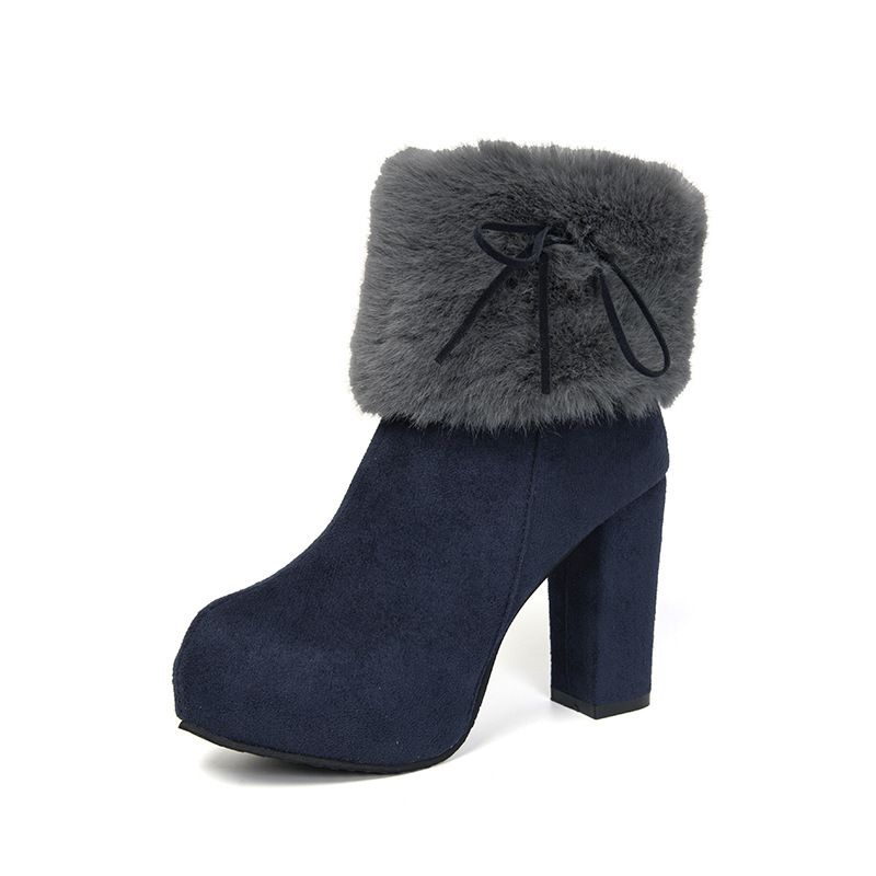 Zayra Rose Boots Women&#39;s Autumn And Winter Furry Short Boots  Thick Heels High Heels Suede Bow Plus Cotton