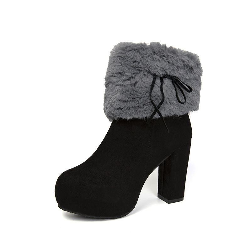 Zayra Rose Boots Women&#39;s Autumn And Winter Furry Short Boots  Thick Heels High Heels Suede Bow Plus Cotton
