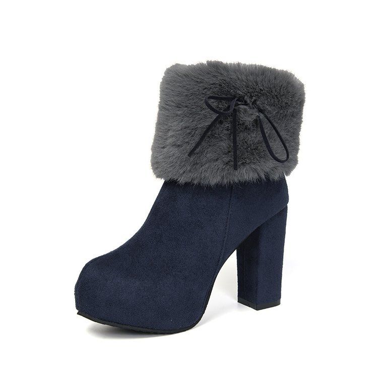 Zayra Rose Boots Women&#39;s Autumn And Winter Furry Short Boots  Thick Heels High Heels Suede Bow Plus Cotton