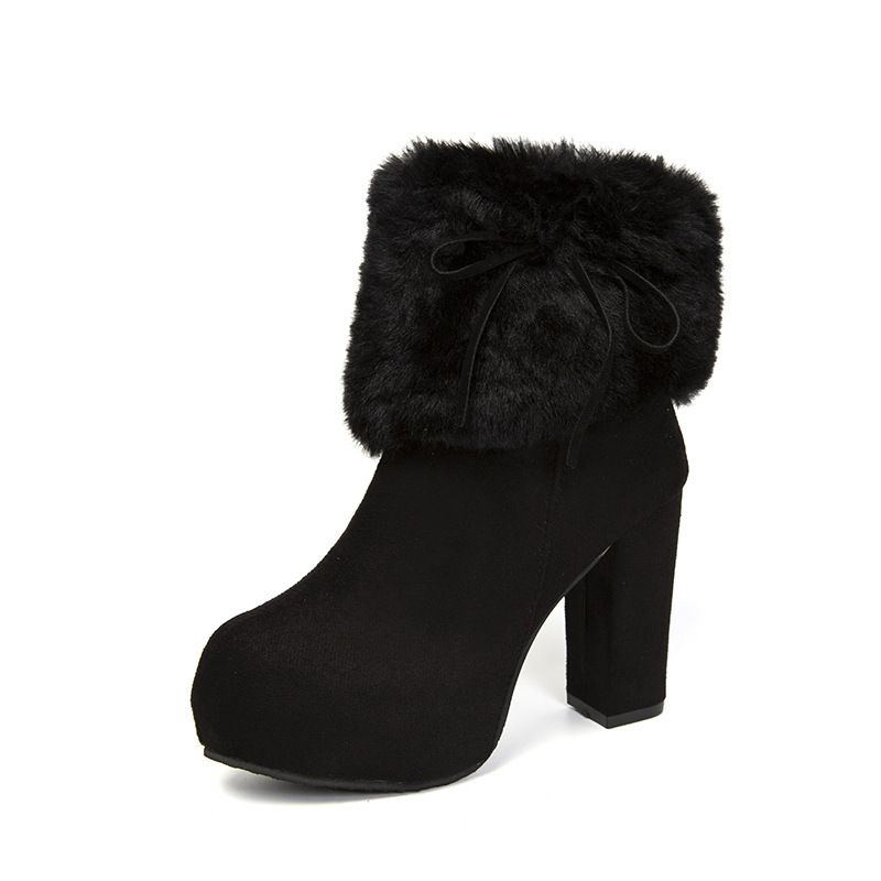 Zayra Rose Boots Women&#39;s Autumn And Winter Furry Short Boots  Thick Heels High Heels Suede Bow Plus Cotton