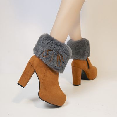 Zayra Rose Boots Women&#39;s Autumn And Winter Furry Short Boots  Thick Heels High Heels Suede Bow Plus Cotton