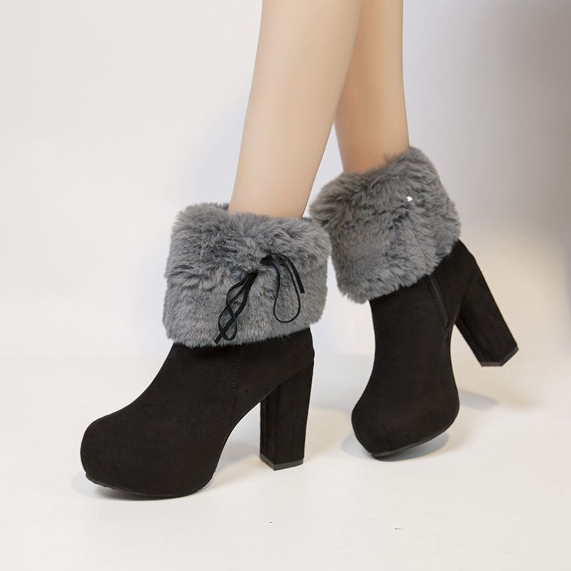 Zayra Rose Boots Women&#39;s Autumn And Winter Furry Short Boots  Thick Heels High Heels Suede Bow Plus Cotton