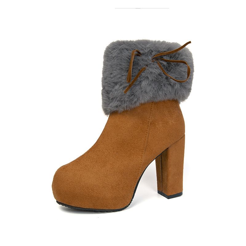 Zayra Rose Boots Women&#39;s Autumn And Winter Furry Short Boots  Thick Heels High Heels Suede Bow Plus Cotton