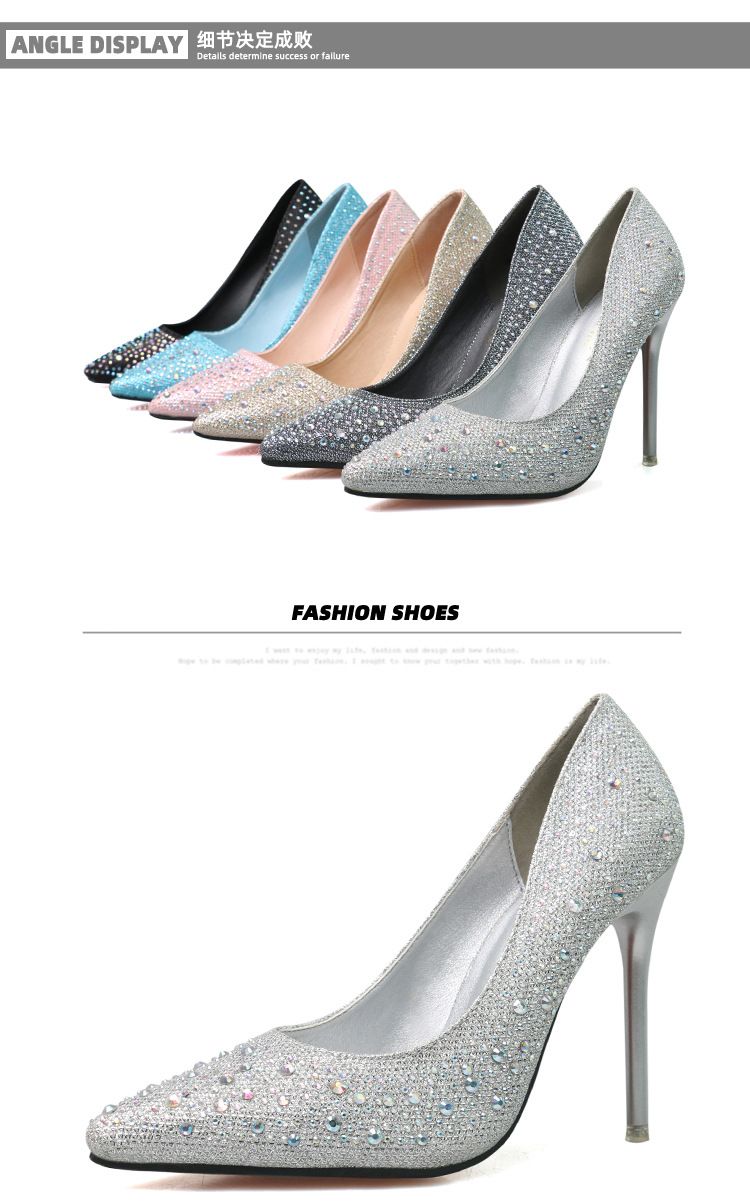 Zayra Rose  Korean Fashion Sweet And Elegant Thin Heel High Heel Shallow Mouth Thin Pointed Colored Diamond Rhinestone Wedding Shoes