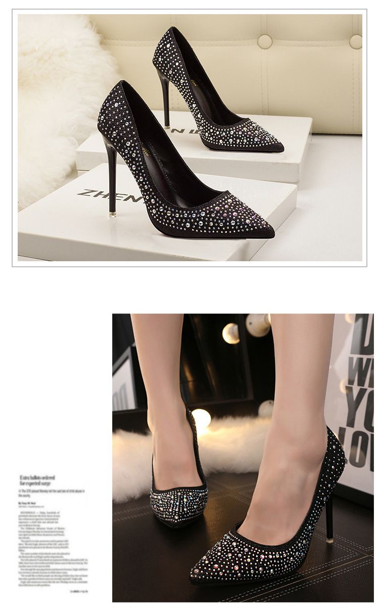 Zayra Rose  Korean Fashion Sweet And Elegant Thin Heel High Heel Shallow Mouth Thin Pointed Colored Diamond Rhinestone Wedding Shoes
