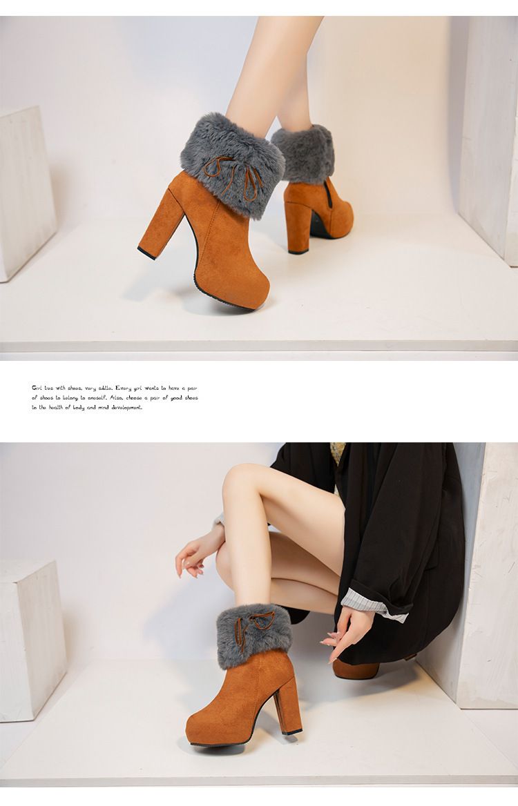 Zayra Rose Boots Women&#39;s Autumn And Winter Furry Short Boots  Thick Heels High Heels Suede Bow Plus Cotton