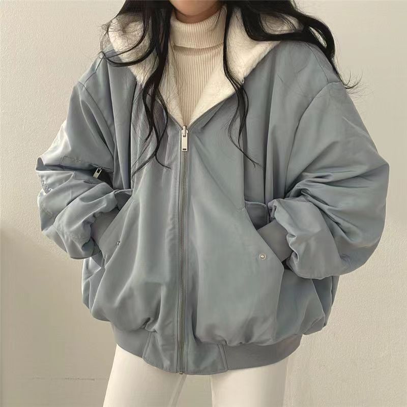 Zayra Rose South Korea Fleece-lined Thickened Double-sided Lamb Wool Cotton-padded Coat Women&#39;s Coat Winter New Zipper Hooded Cotton-padded Coat Top, Size: S, Color: Blue reversible