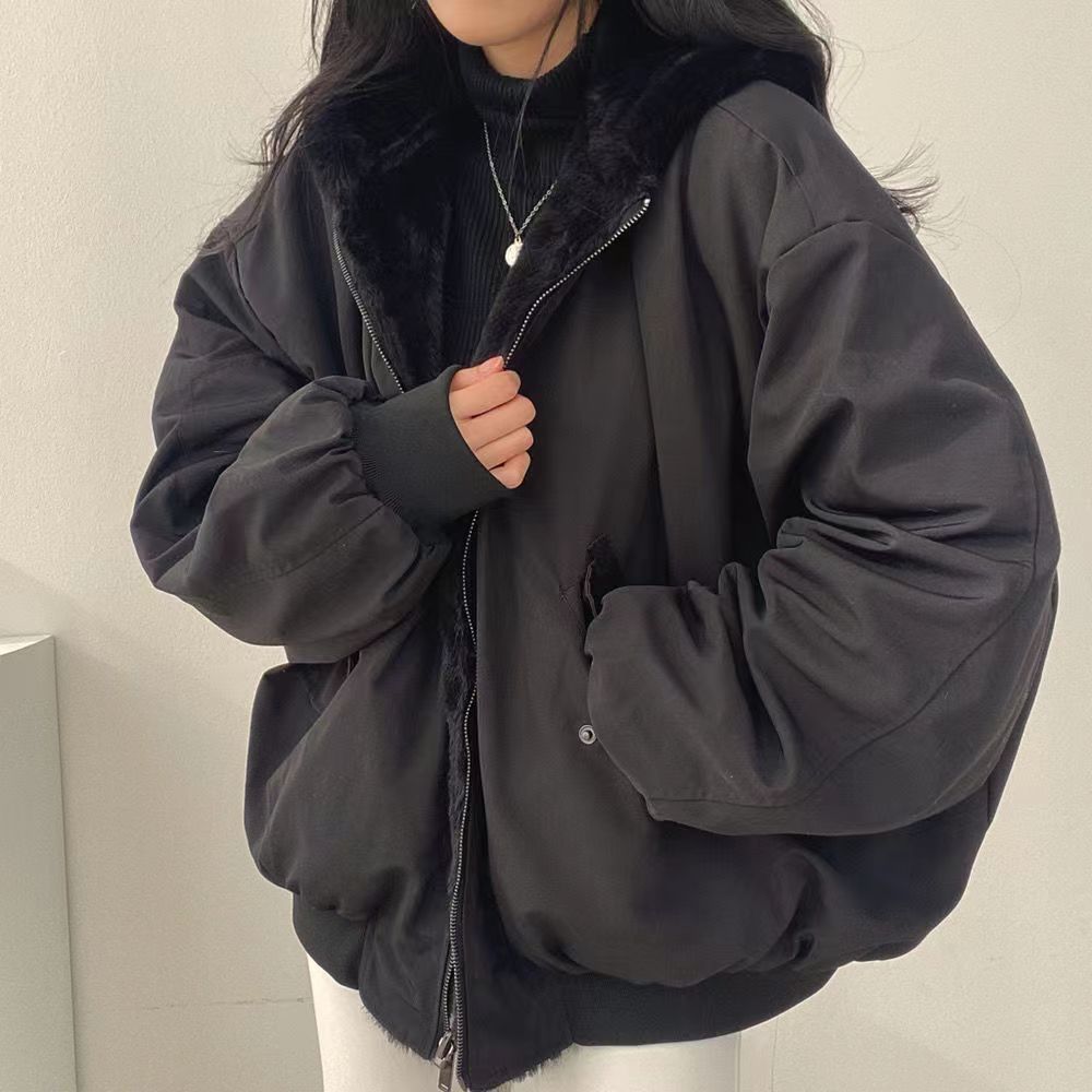 Zayra Rose South Korea Fleece-lined Thickened Double-sided Lamb Wool Cotton-padded Coat Women&#39;s Coat Winter New Zipper Hooded Cotton-padded Coat Top